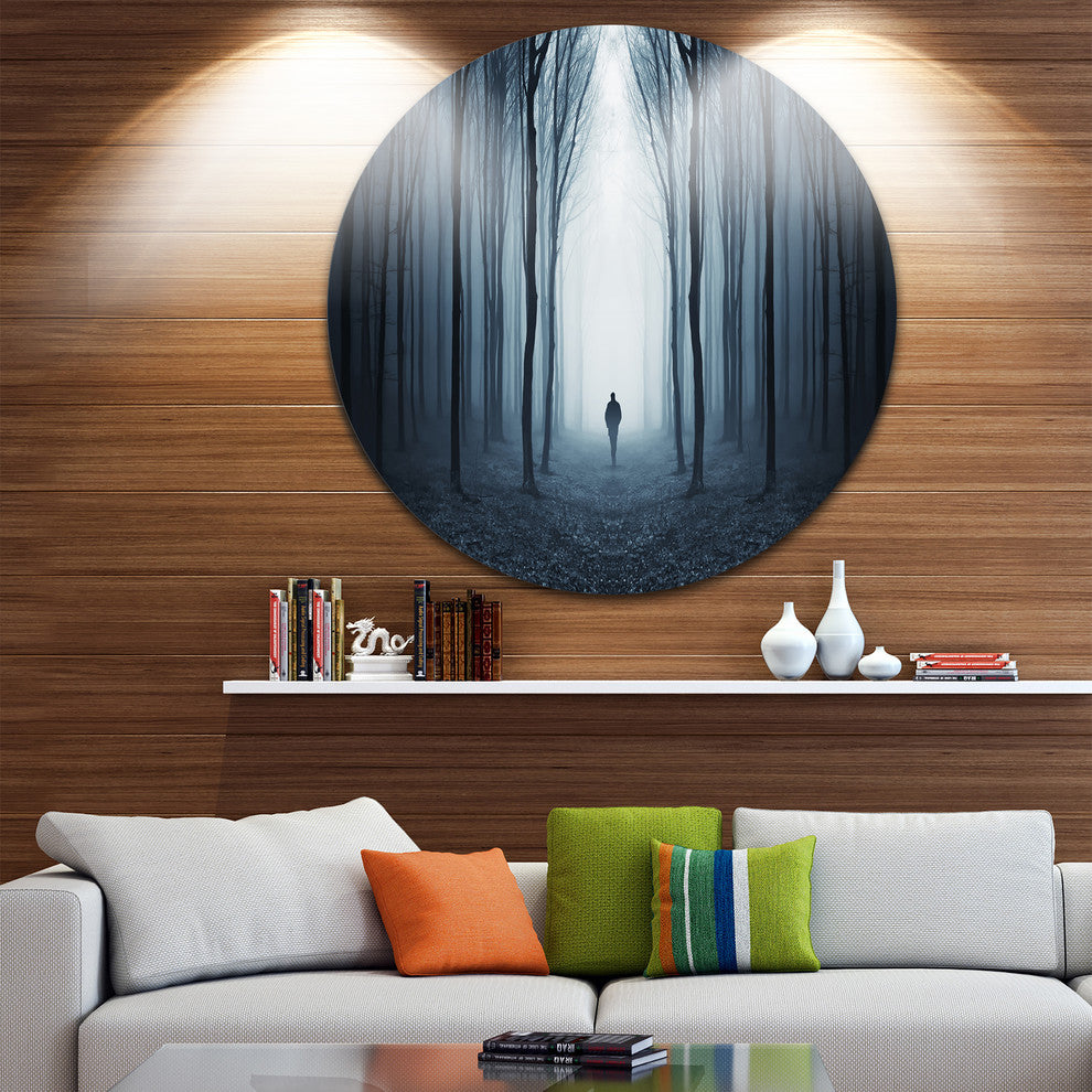 Man Walking Along In Misty Forest, Landscape Photo Round Wall Art, 38"