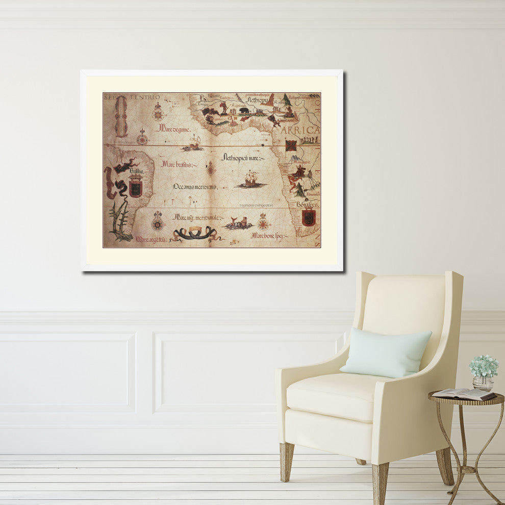 Portolan Chart Vintage Old Map Print On Canvas With Picture Frame 28" X 37"