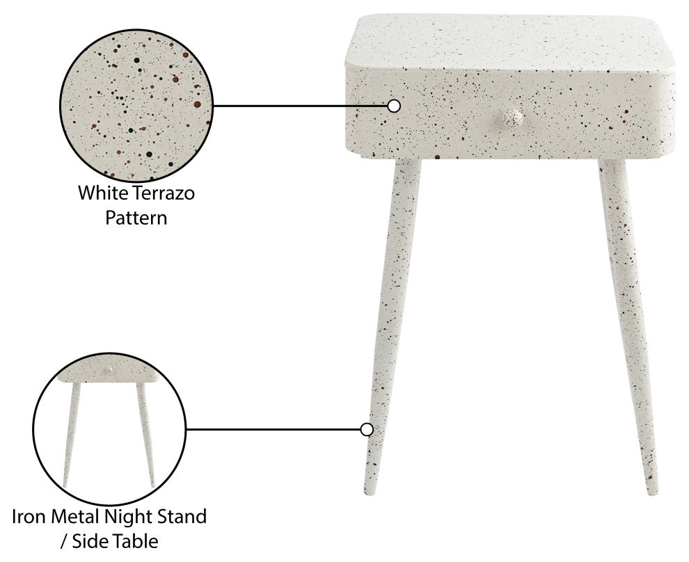 Rylan Iron Night Stand, White, Terrazzo