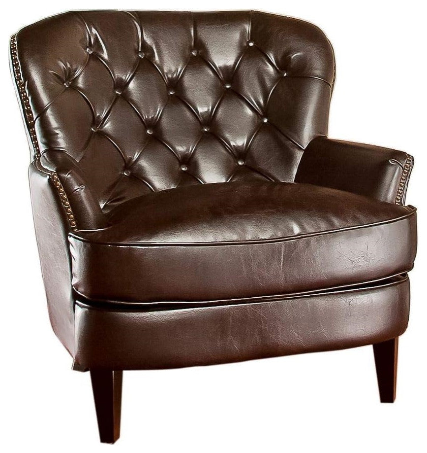 Brown Bonded Leather Accent Club Chair with Quilted Diamond Back Design, Brown Faux Leather