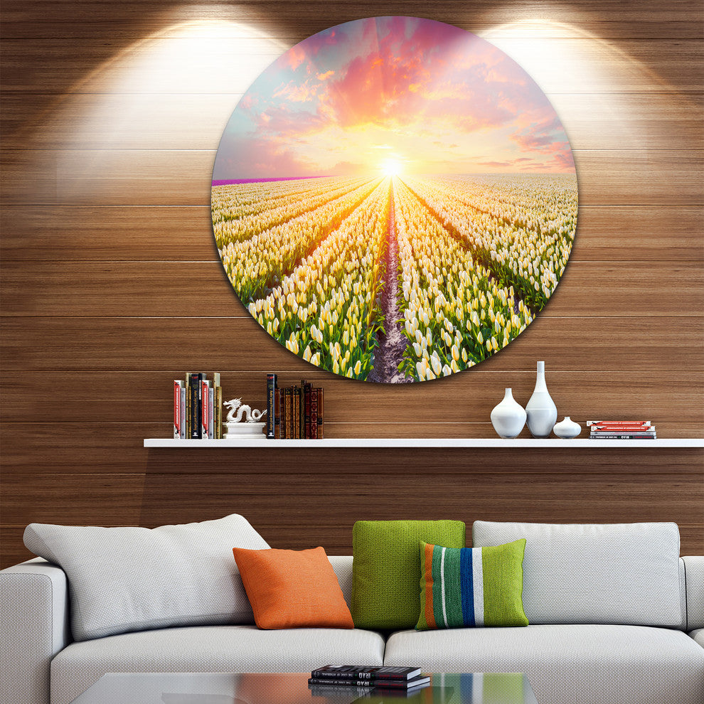 Blooming White Tulips, Landscape Photo Disc Metal Artwork, 11"