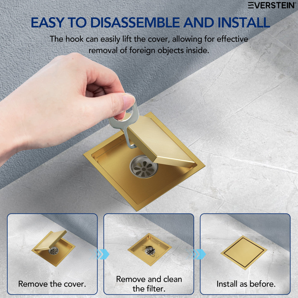 EVERSTEIN Invisible 6" Square Shower Drain, Dual-Sided Design, Brushed Gold