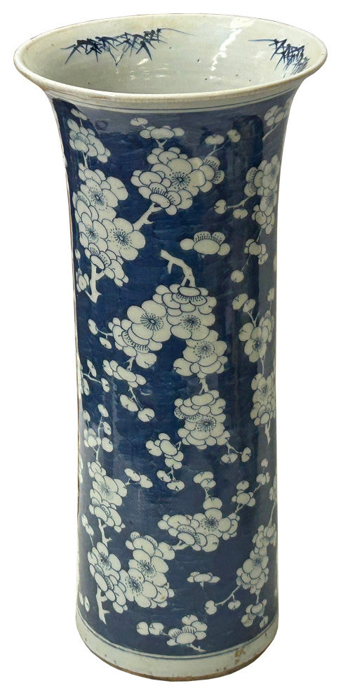 Vintage Chinese Blue White Blossom Wide Mouth Column Porcelain Vase Hws4329