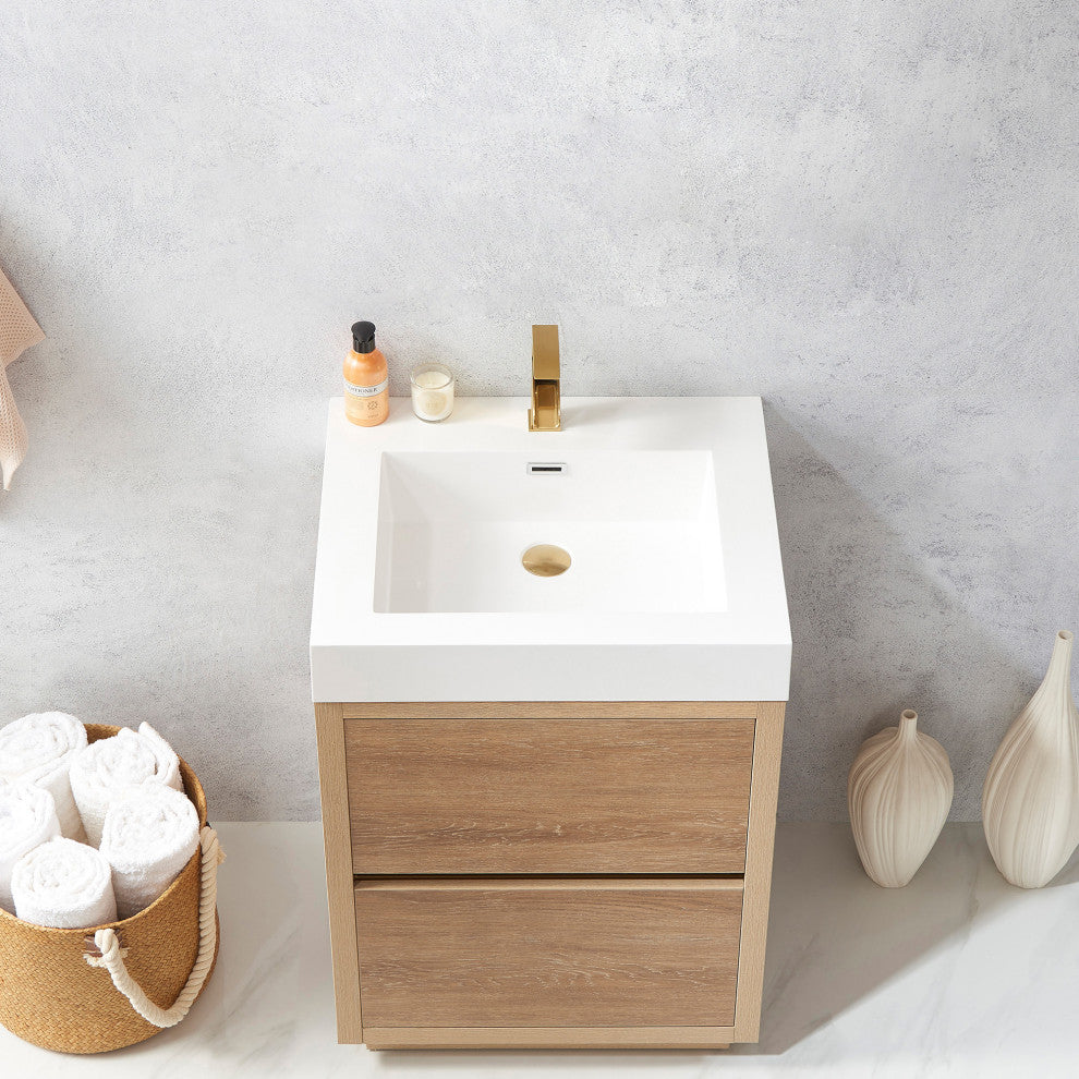 Huesca Bath Vanity, Integrated Sink Top, North American Oak, 24", Without Mirror