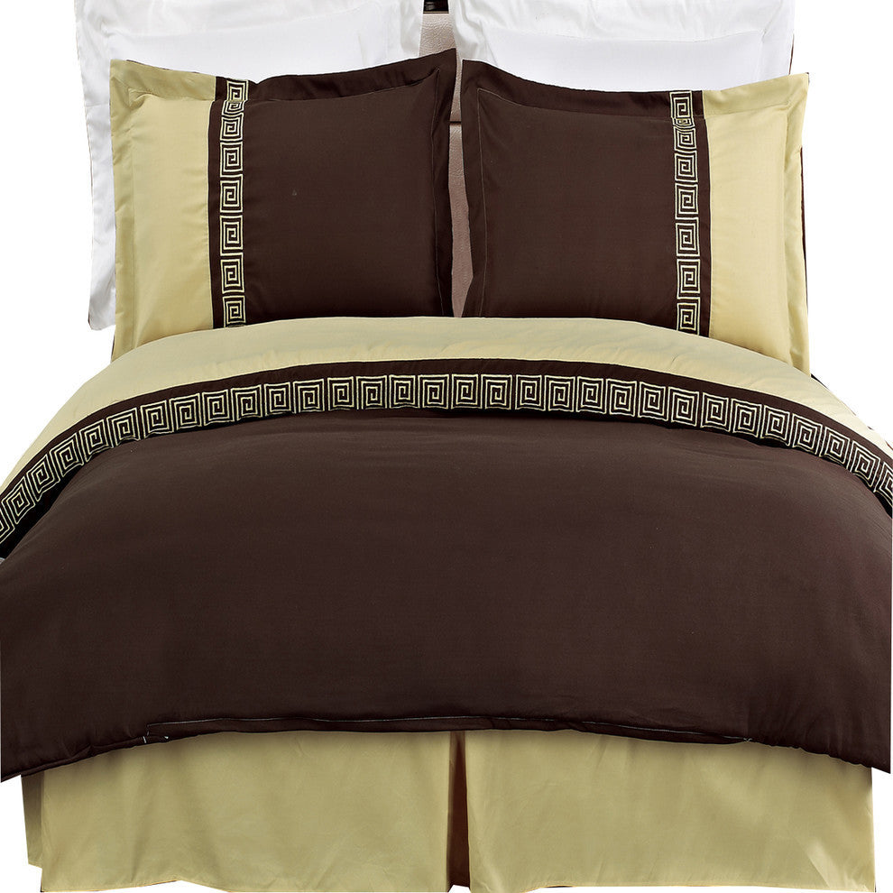 Astrid Embroidered Microfiber Duvet Cover Set, Gold and Chocolate, King/Cal King