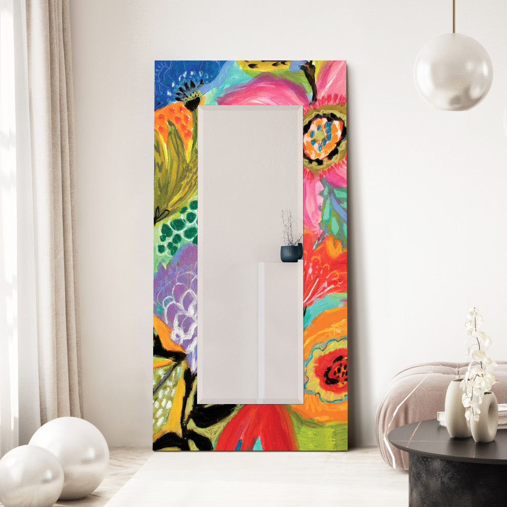 "Secret Garden Floral II" Leaner Mirror on Tempered Art Glass, 72" X 36"