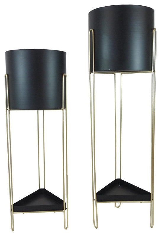 Black Gold Cylinde Plant Pot, Stand, Set of 2