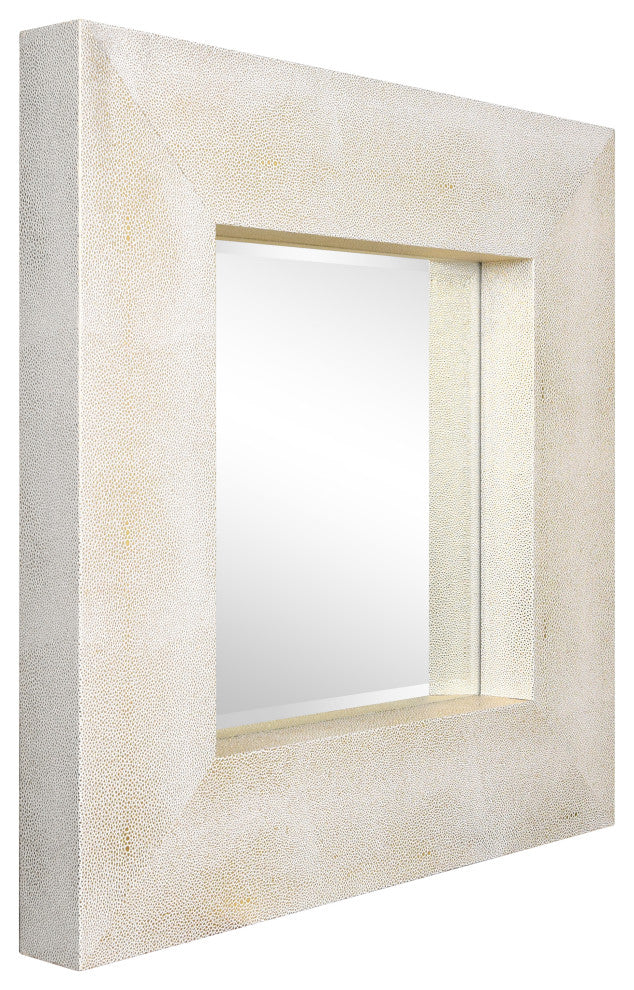Beveled Wall Mirror, Gold on White Metallic Shagreen Leather Framed Mirror