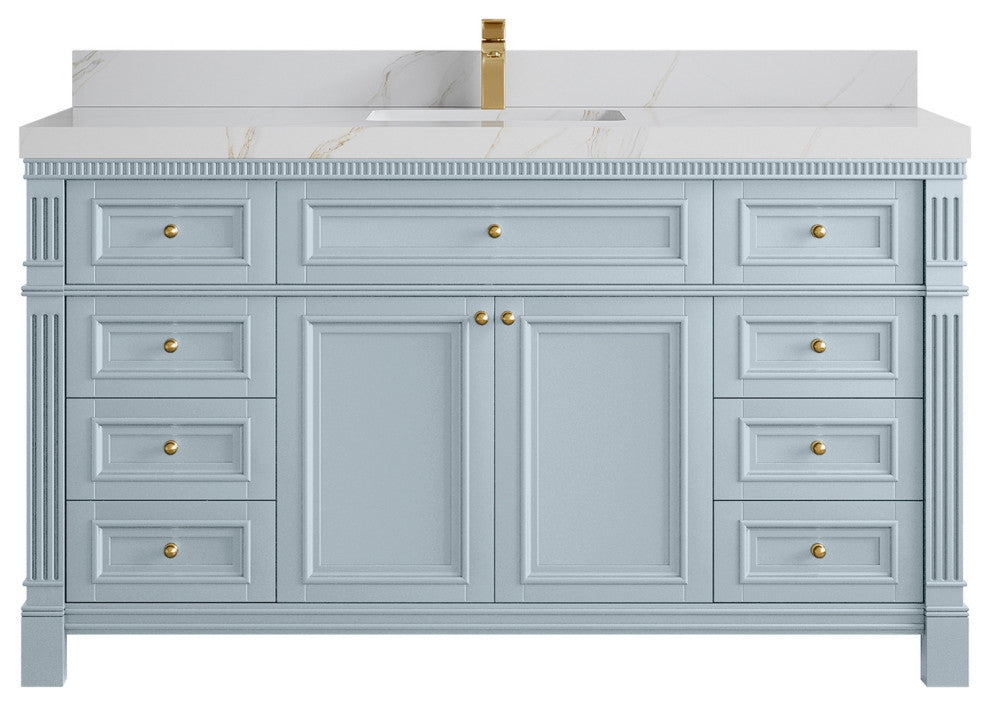 Paris 60" Single Sink Bathroom Vanity, Blue Heather 2" Calacatta Sienna