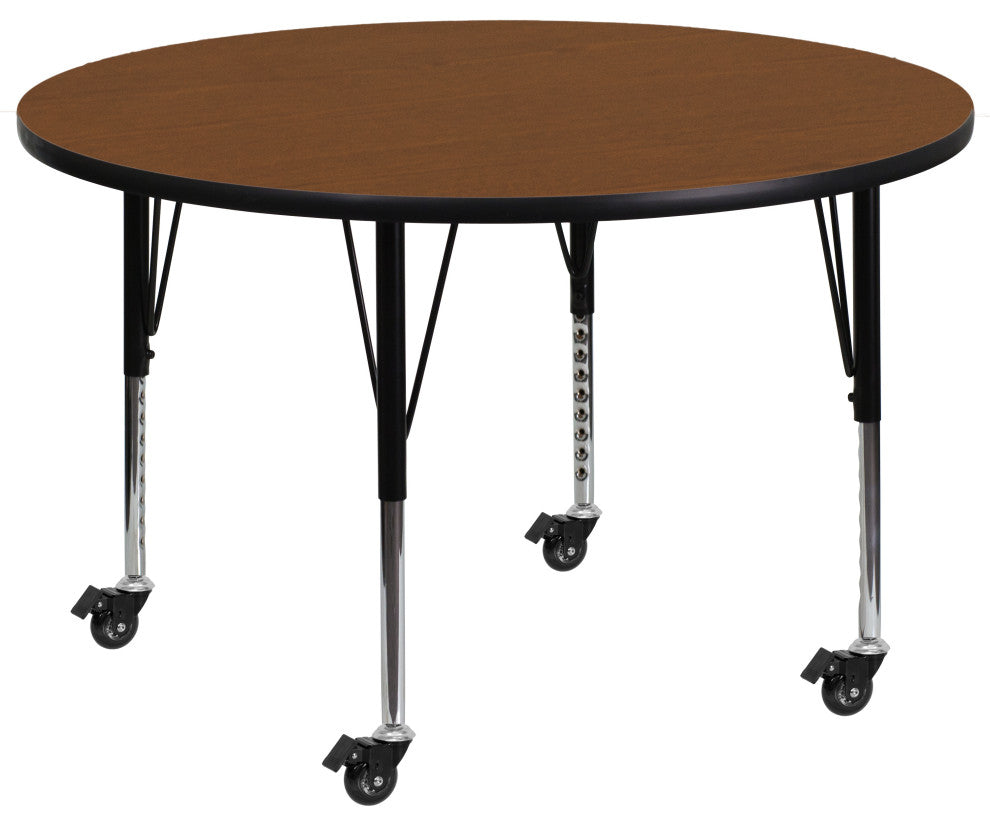 Mobile 48'' Round Oak HP Laminate Activity Table - Height Adjustable Short Legs