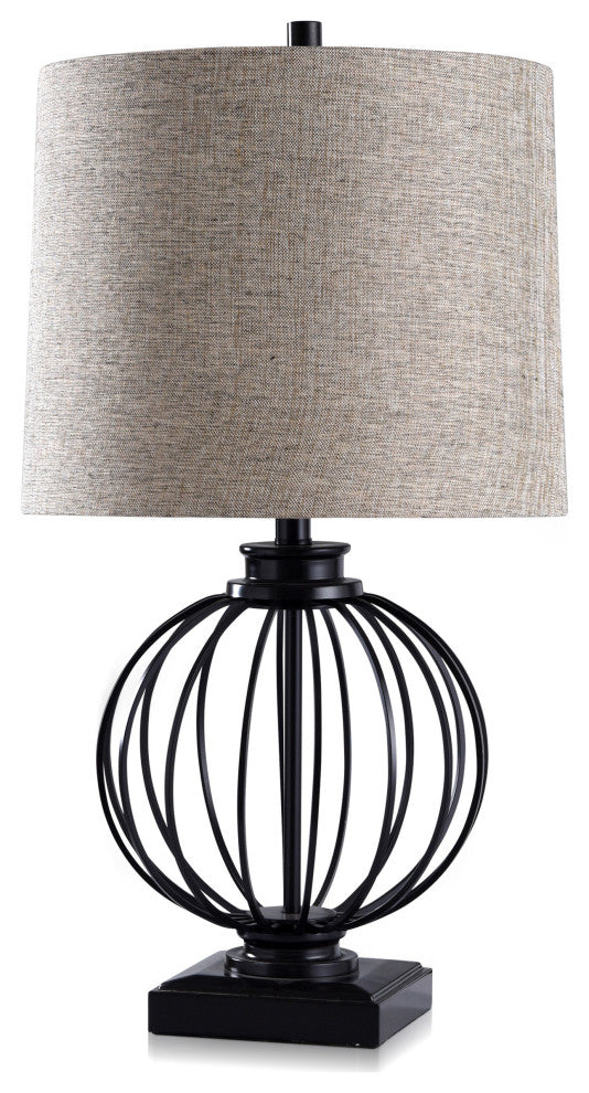 Audrey Metal Ball Cage Table Lamp, Black Finish with a Round Hardback Shade