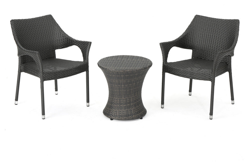 GDF Studio 3-Piece Alfheimr Outdoor Gray Wicker Stacking Chair Chat Set, Hour Glass Table