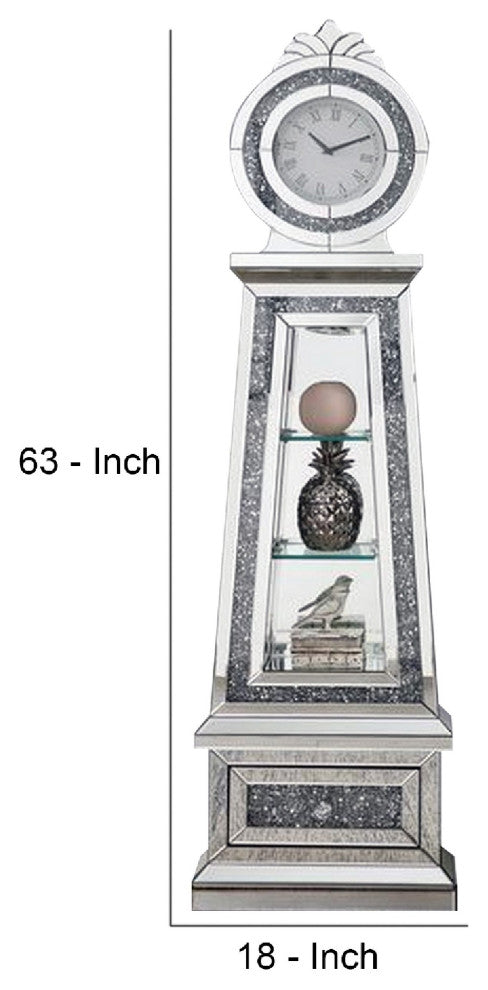Benzara BM269090 Mirrored Grandfather Clock With 3 Open Compartments, Silver