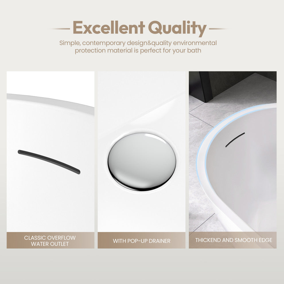 Lahore Freestanding Acrylic Soaking Bathtub, White, 59.1"l X 29.1"w