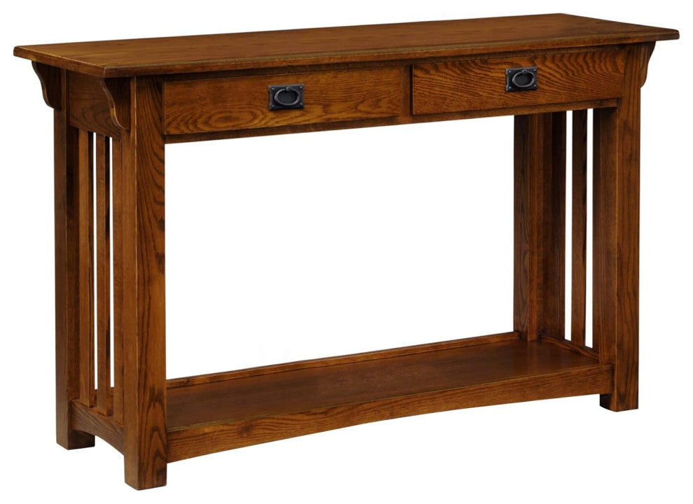 Mission Style Console Table in Medium Oak with Slatted Sides & 2 Drawers