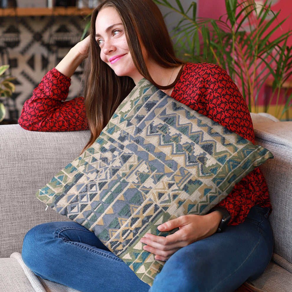 Plutus Blue Pyramids Border Luxury Throw Pillow, 20"x20"