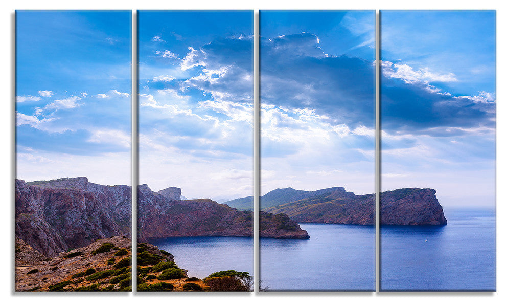 "Majorca Formentor Cape Rocks" Extra Large Seascape Art Canvas, 4Panel, 48"x28"