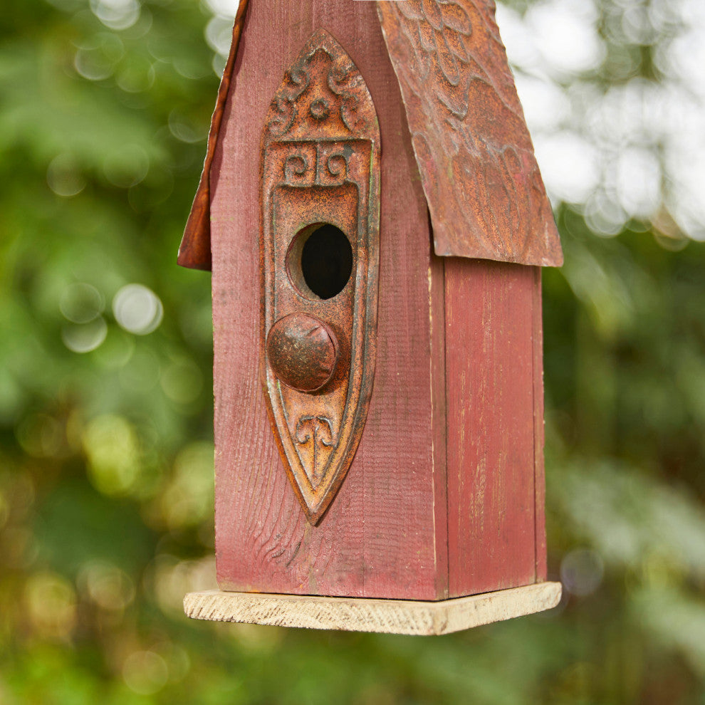 Rustic Garden Distressed Wooden Birdhouse, Retro Red