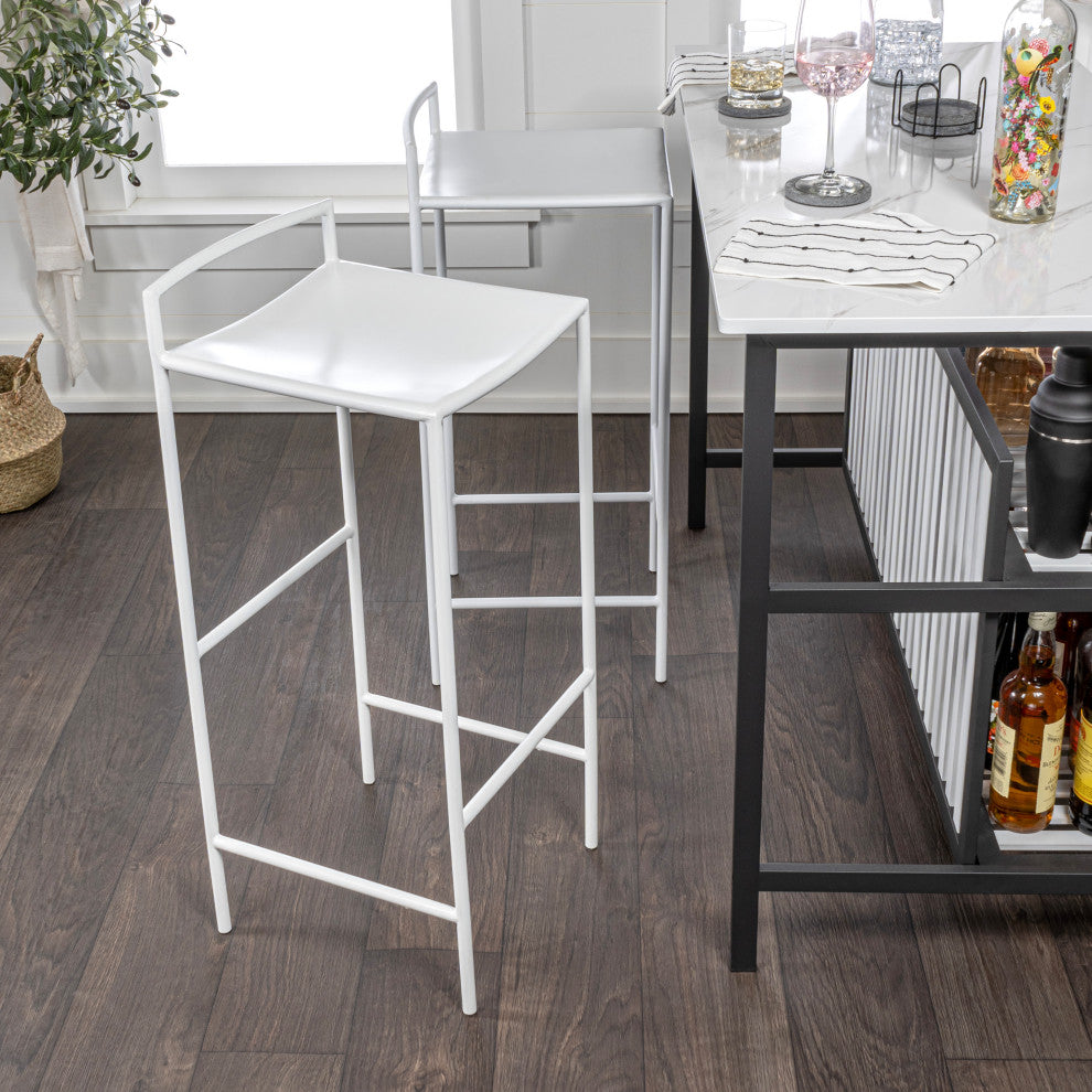 Coastal Contemporary Iron Saddle-Seat Low-Back Bar Stool, Foot Rest