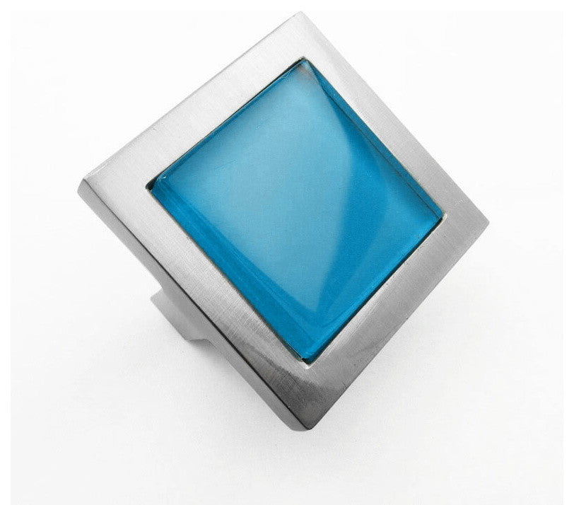 Sea Blue Crystal Glass Brushed Nickel Square Manor Knob