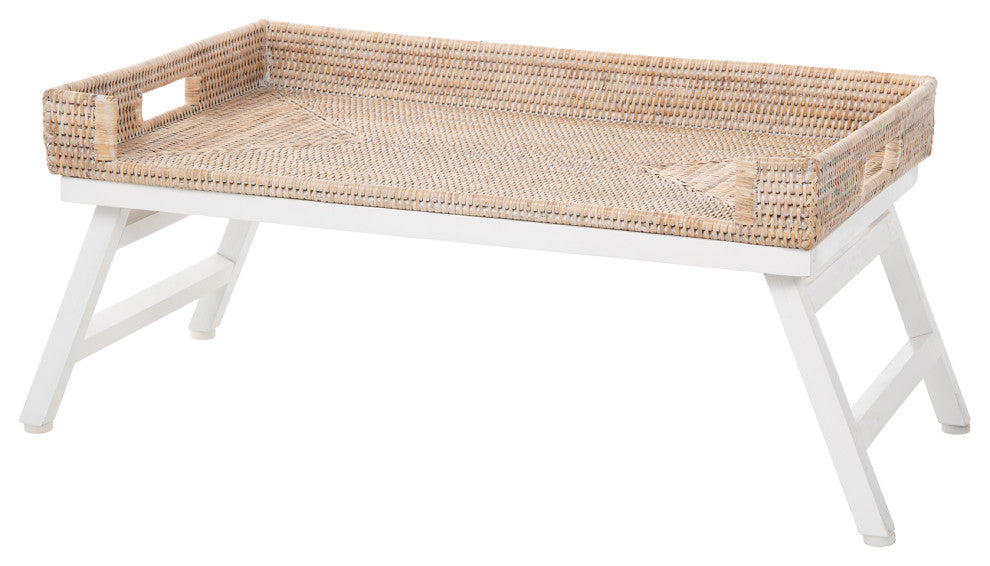 La Jolla Rattan Breakfast Tray With Foldable Legs, White Wash