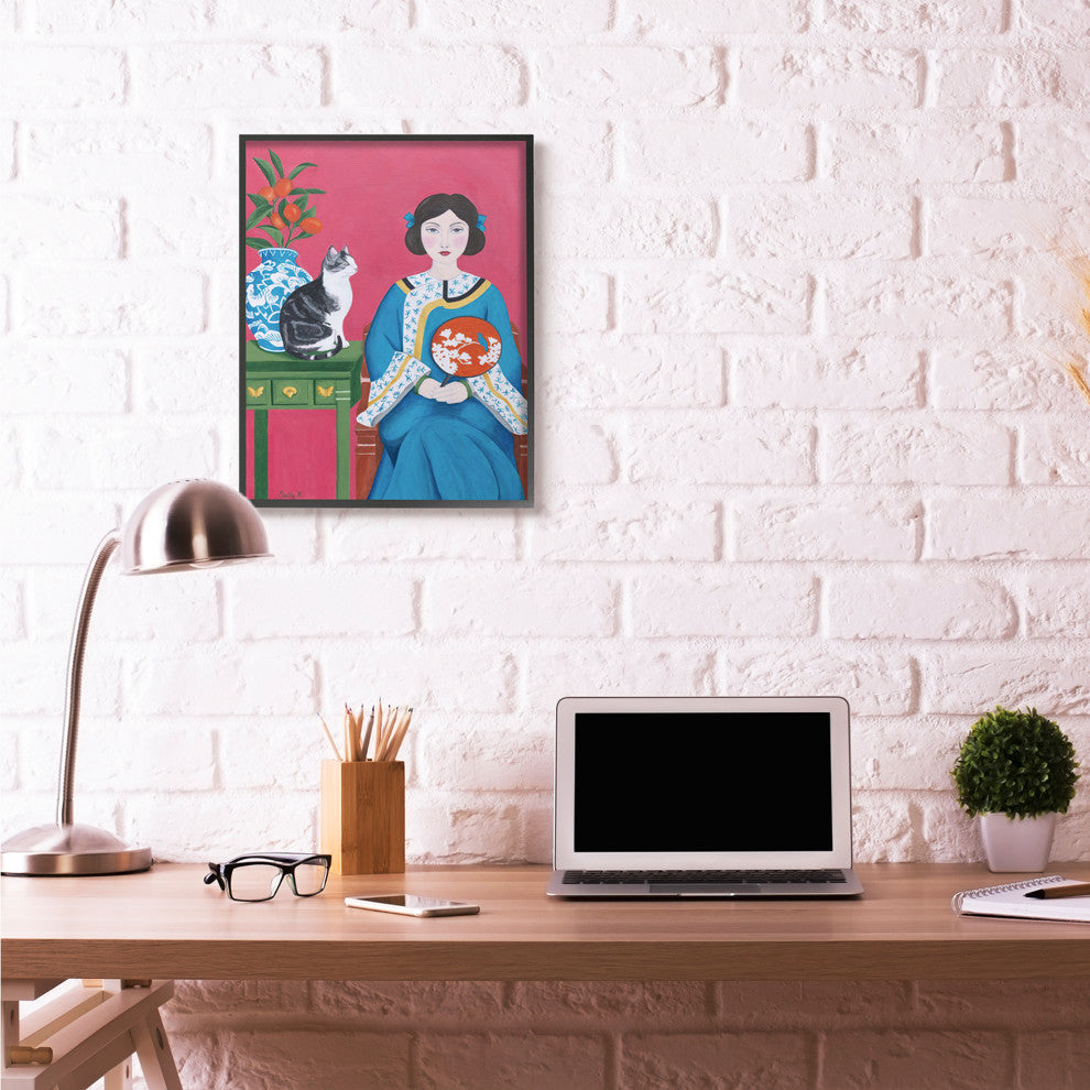 Chinese Woman And Cat Red Green Blue Painting, 24"x30"