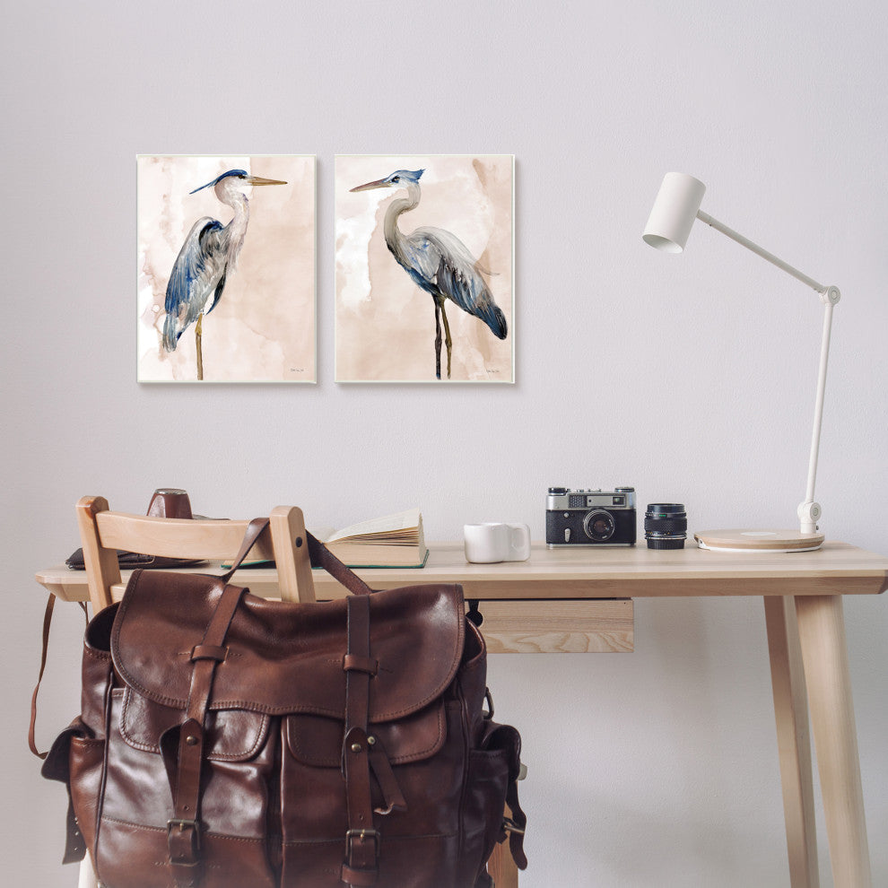 Beautiful Heron Birds Standing Watercolor Painting, 2pc, each 10 x 15
