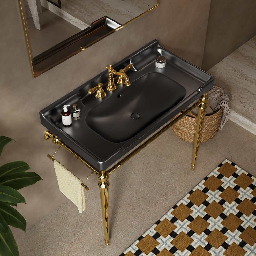 Wall-Mounted Black Ceramic Vanity Basin with Stainless Steel Support Legs, Gold