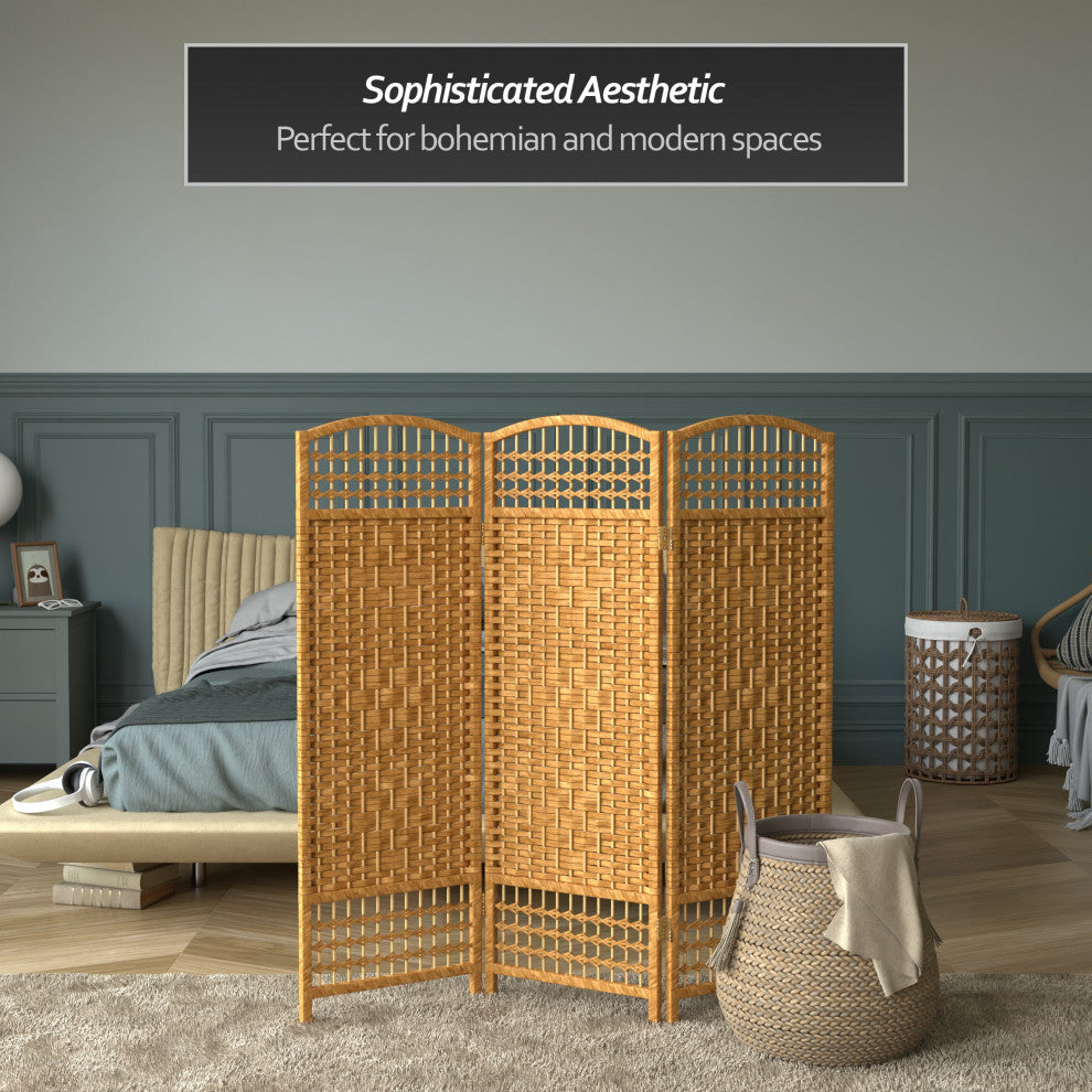 4' Tall Fiber Weave Room Divider, Light Beige, 3 Panels