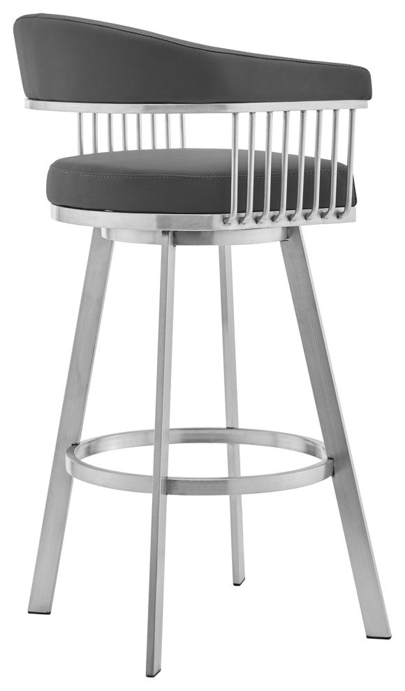 Chelsea Gray Faux Leather and Brushed Stainless Steel Swivel Bar Stool, 26 Inch