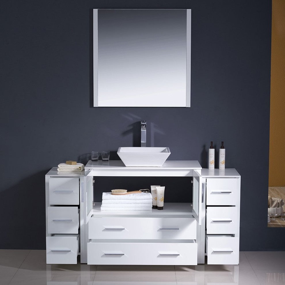 Torino 60" White Modern Bathroom Vanity With 2 Side Cabinets, FFT3112BN