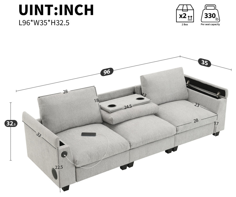 Alice Chenille Sectional Sofa, Bluetooth Speakers & USB Charger, Gray