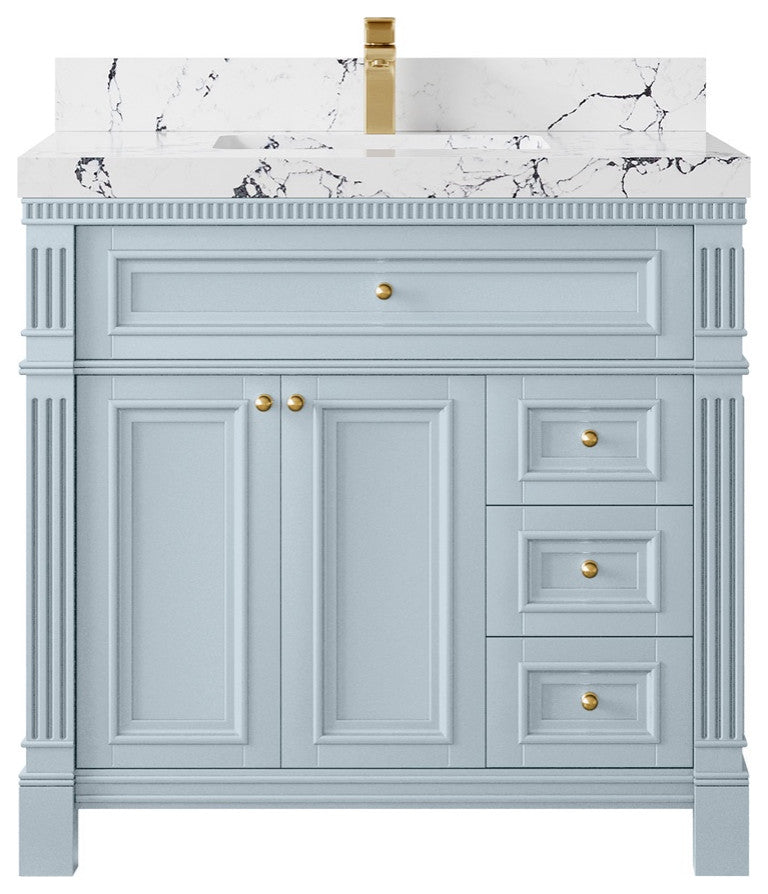 Paris 36" Center Sink Bathroom Vanity, Blue Heather 2" Viola Night