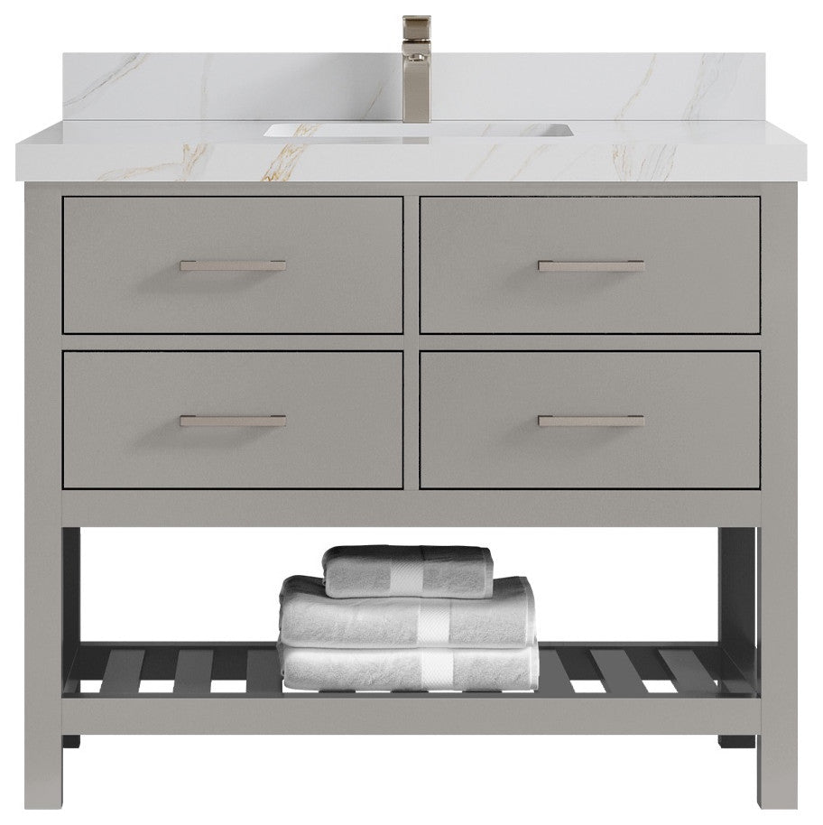 Parker 42" Single Sink Bath Vanity, Elephant Skin Gray 2" Calacatta Sienna