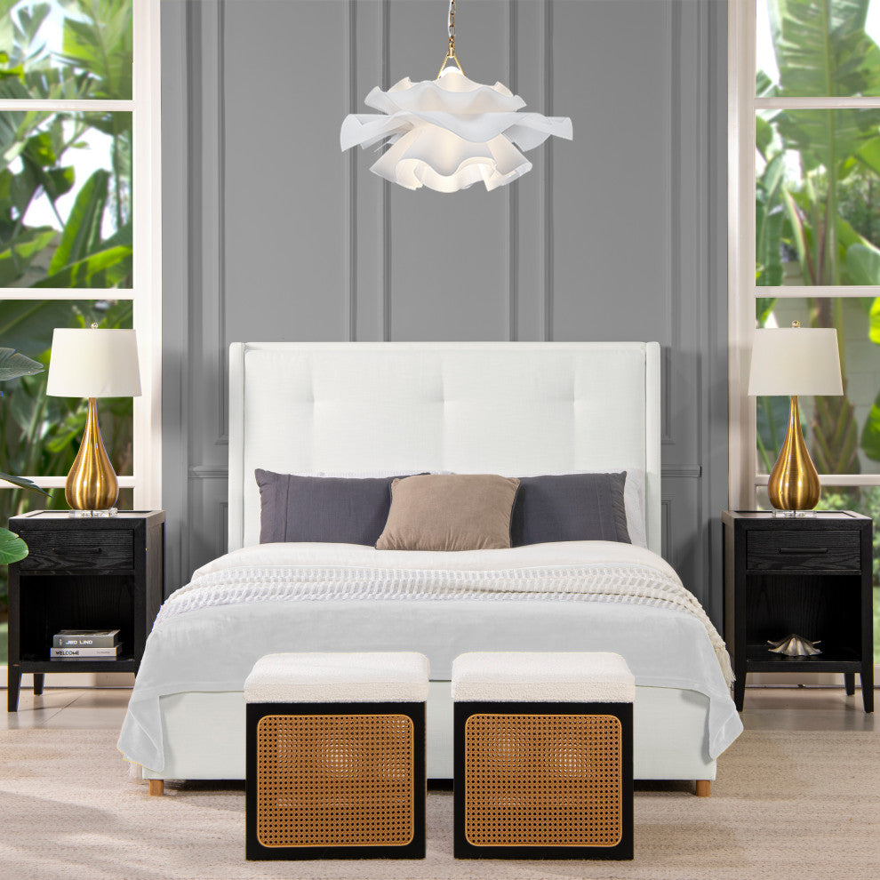 Miramar Cushion-Back Headboard Platform Bed Frame, Antique White Polyester, Queen