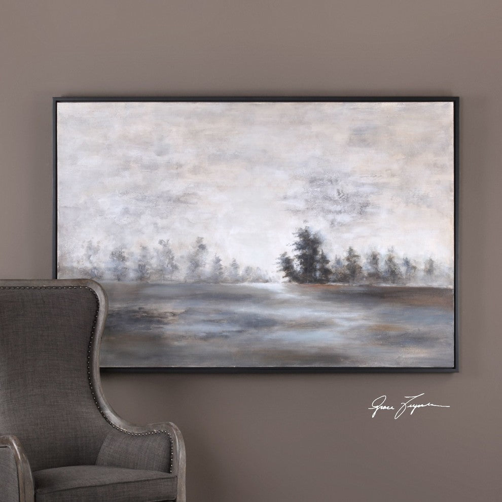 Winter Landscape Trees Painting, Gray Tan Black Wall Art