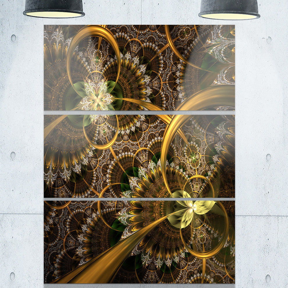 "Dark Green Gold Digital Fractal Flower" Metal Wall Art, 3 Panels, 28"x36"