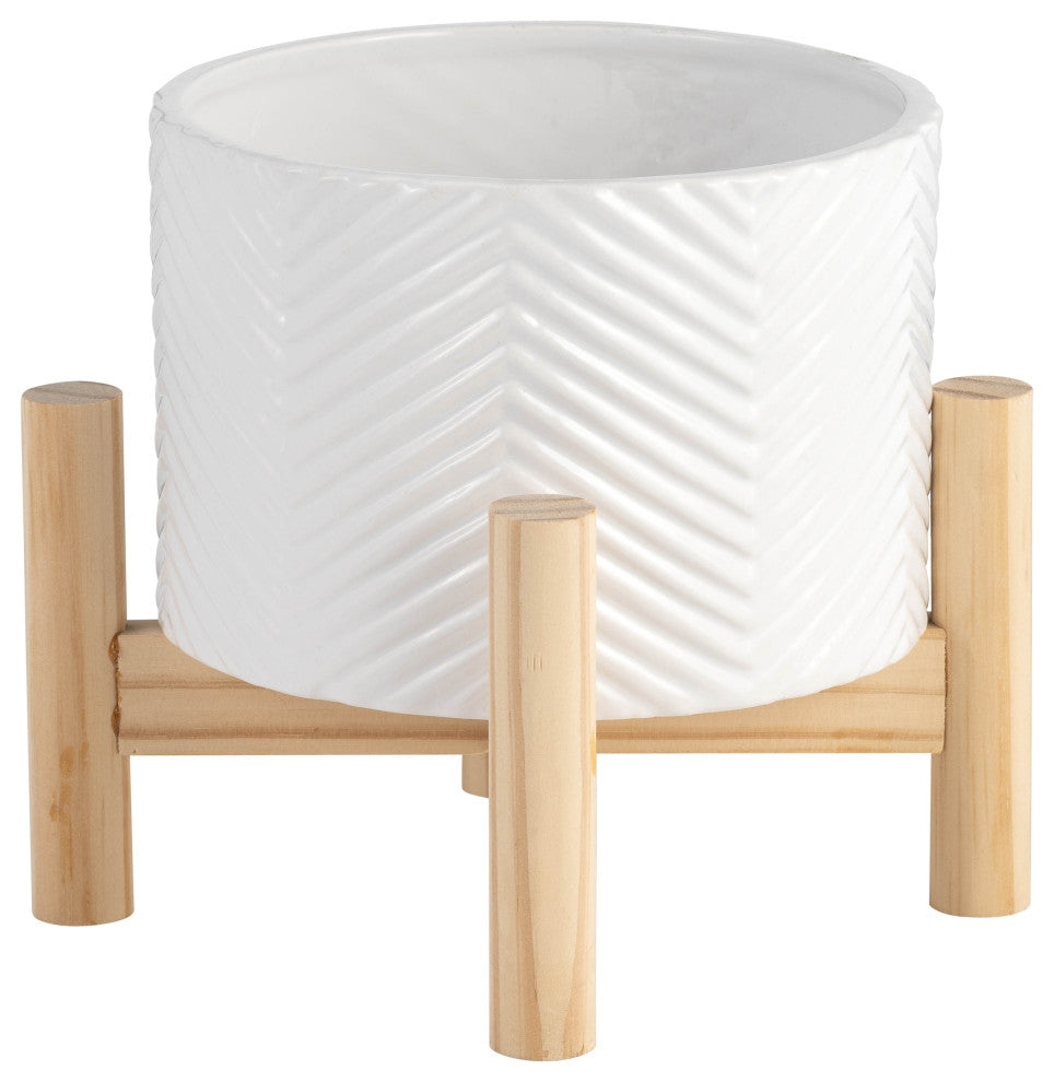 6" Ceramic Chevron Planter With Wood Stand, White