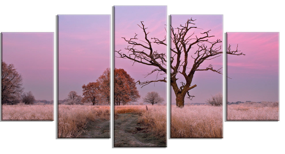 "Fairy Autumn Sunrise With Lonely Tree" Landscape Wall Art, 5 Panels, 60"x32"