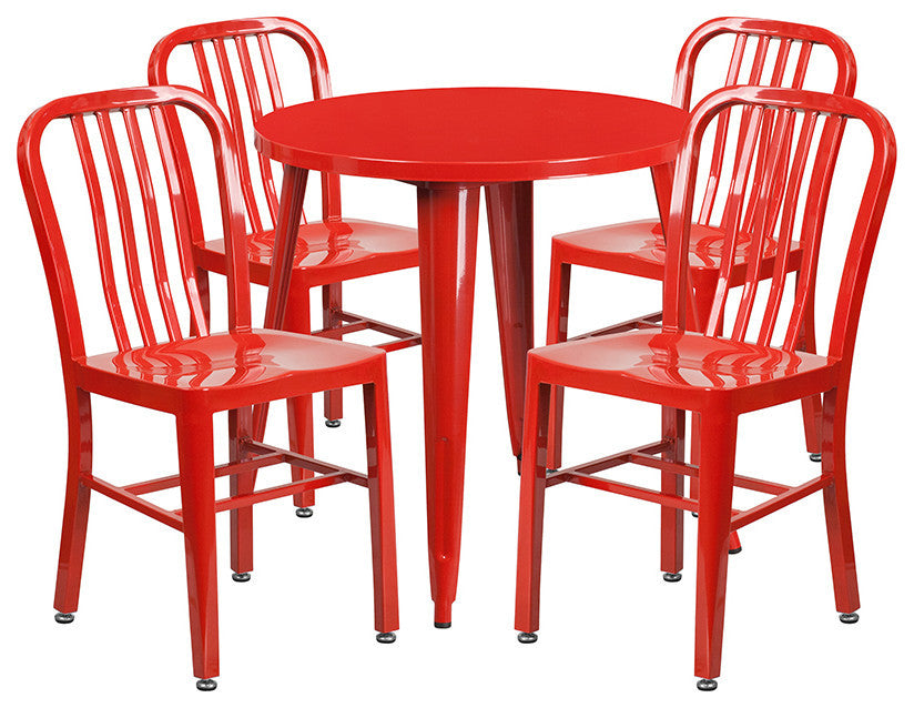 30" Round Red Metal 5-Piece Table Set With 4 Vertical Slat Back Chairs