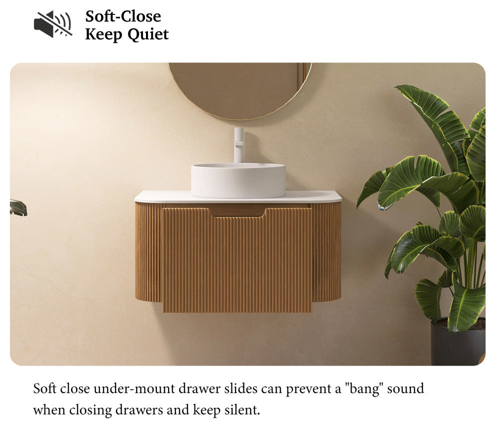 Wall-Mounted Bathroom Vanity With White Round Ceramic Basin, Natural Wood, 30"