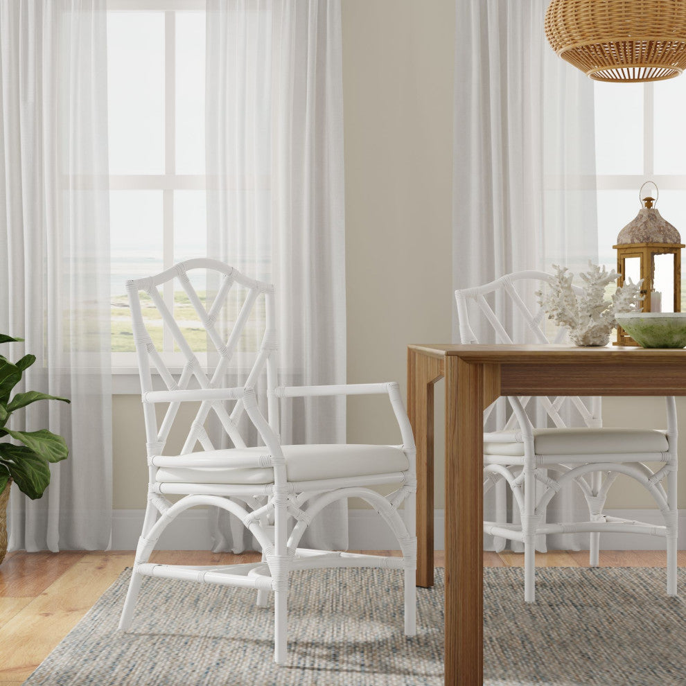 Rattan Chippendale Upholstered Dining Armchair, Set of 2, White