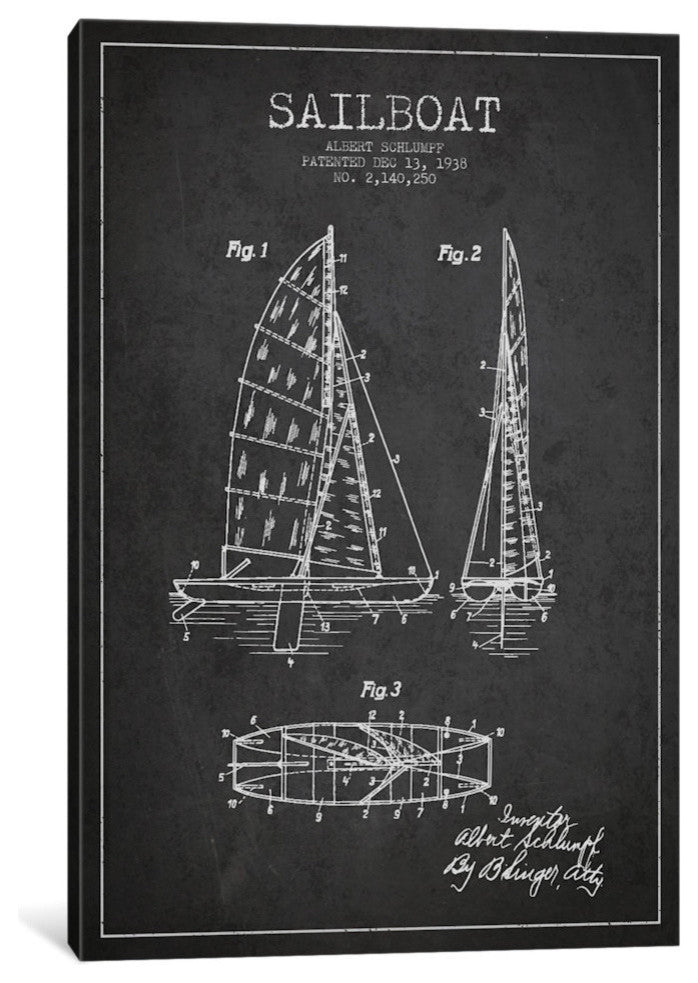 "Sailboat Charcoal Patent Blueprint" by Aged Pixel, 18x12x1.5