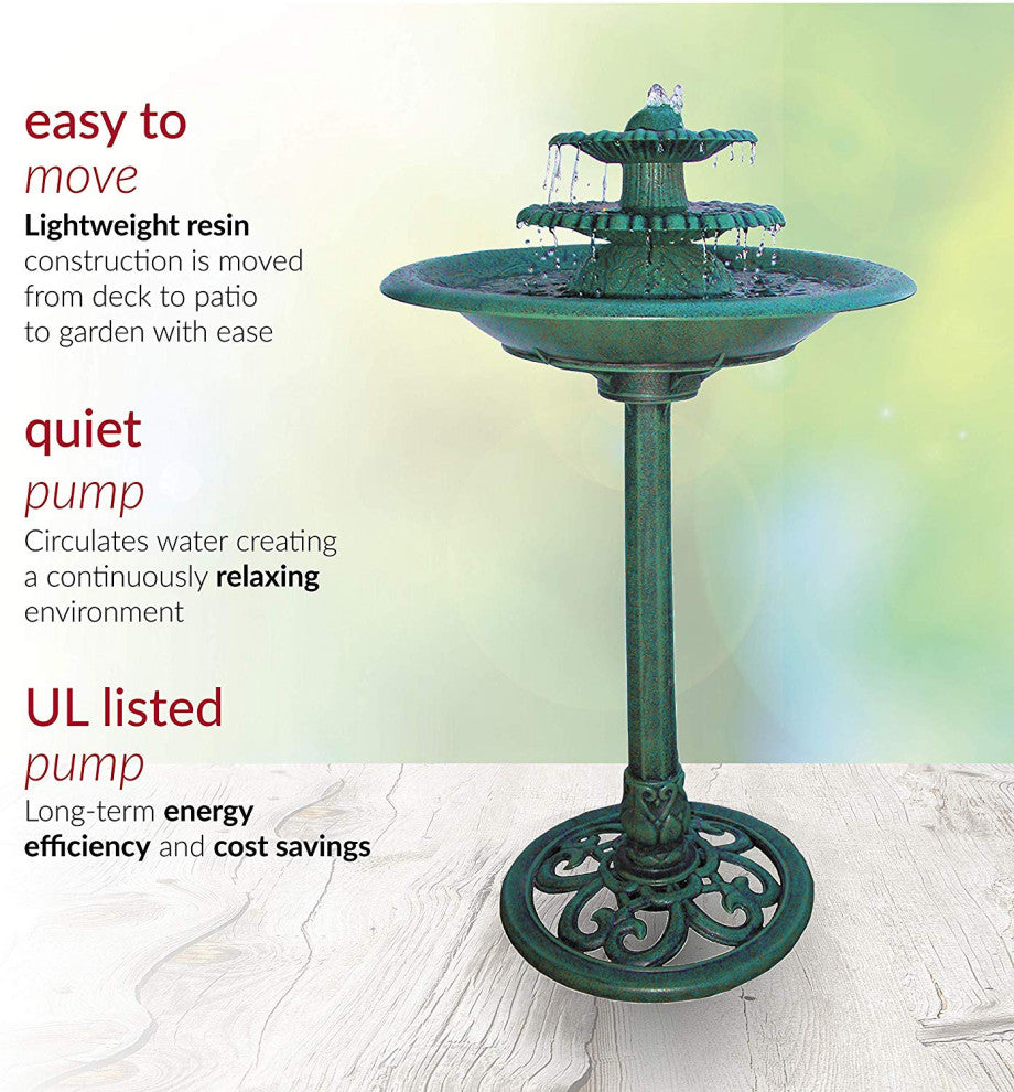 35" Tall Outdoor 3-Tiered Pedestal Water Fountain and Birdbath, Green