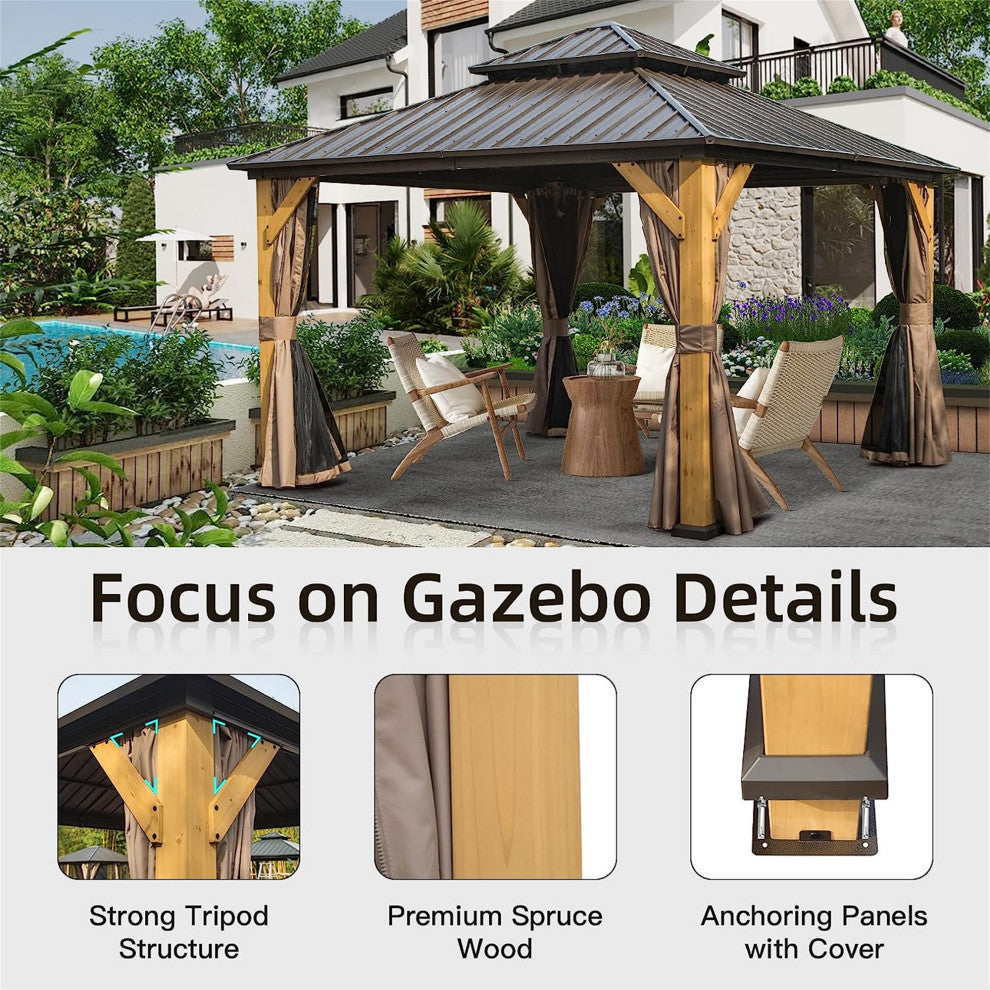 Cedar Wood Gazebo with Galvanized Steel Double Roof, 12'x12'