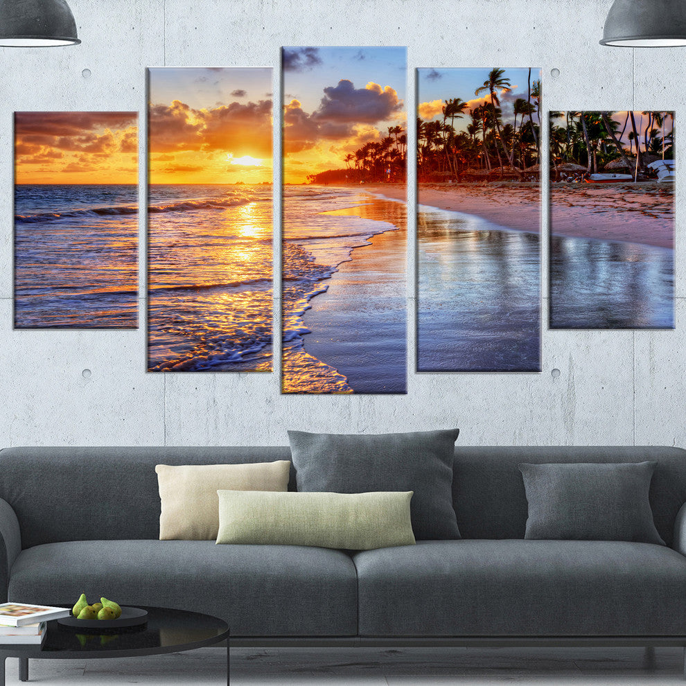 Beach Side Resort With Palm Trees, Yellow, Seashore Wall Art, 60"x32", 5 Panels