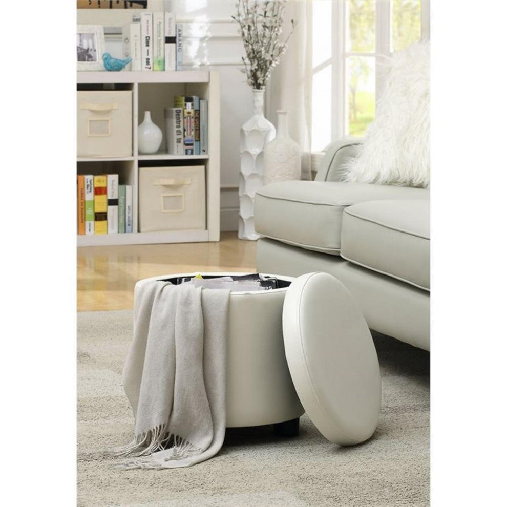 Designs4Comfort Round Accent Storage Ottoman in Ivory White Faux Leather Fabric