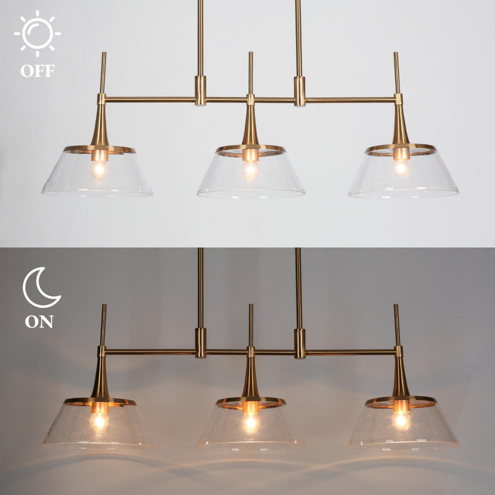 LNC 3-Light Polished Gold Modern Linear Kitchen Island Light, Seeded Glass