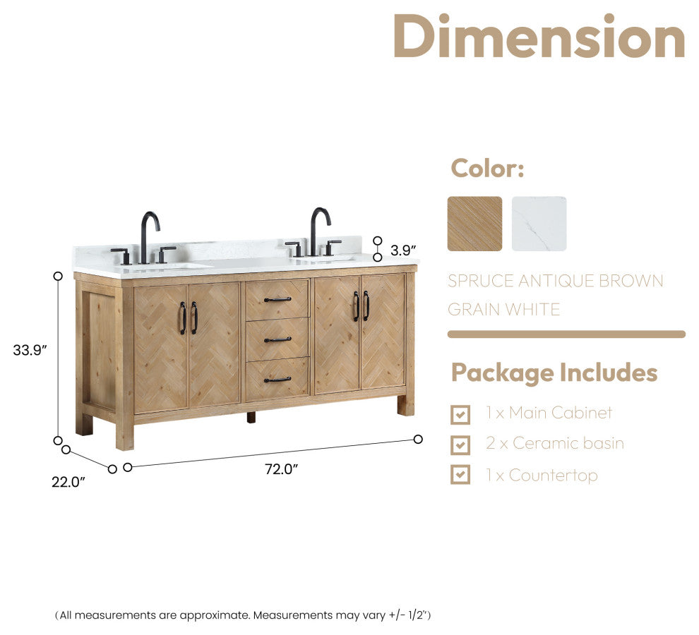 Javier Bath Vanity, Composite Stone Top, Antique Brown, 72", Double Vanity, No Mirror