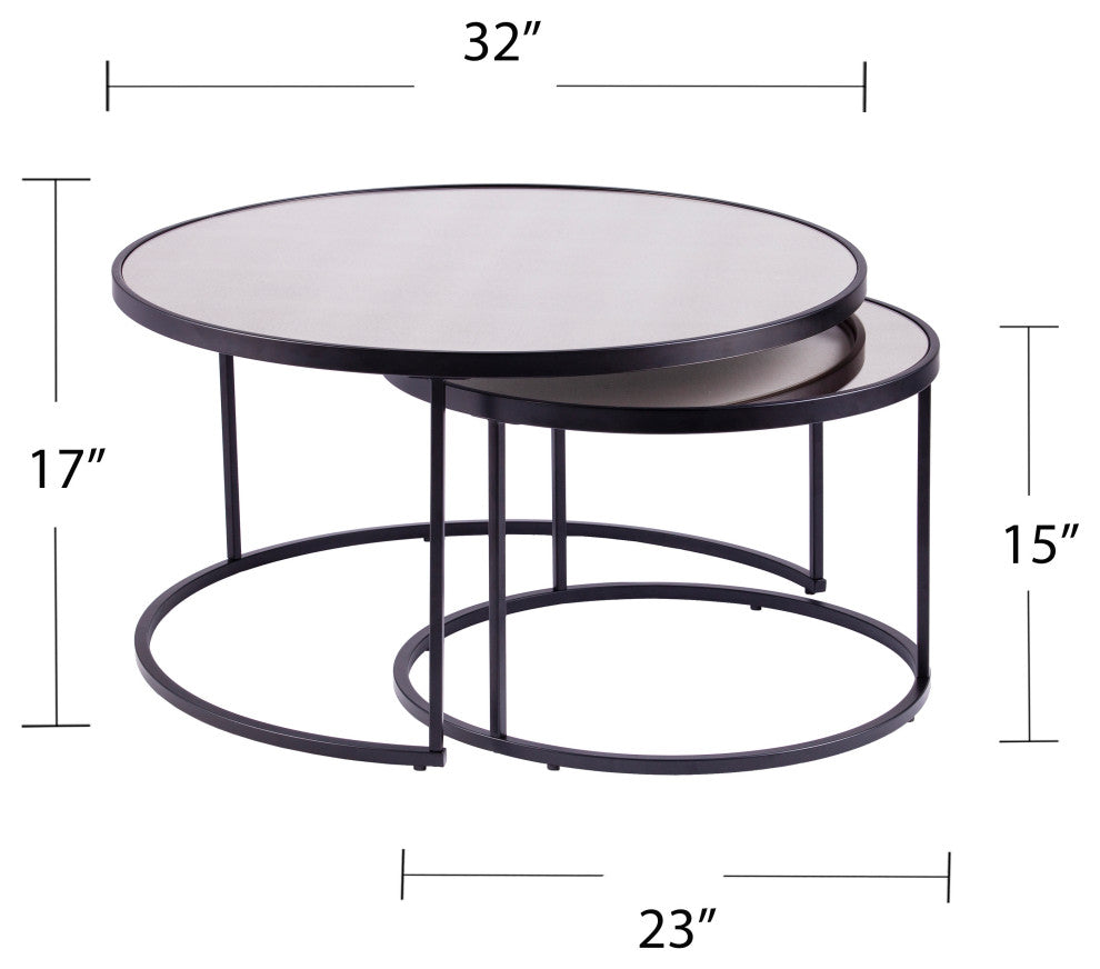 Donabbey Round Nestng Cocktail Tables 2pc Set, Antique Mirror and Black